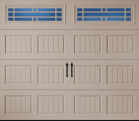 Amarr Hillcrest garage door, Bead Board design in Sandtone with Prairie LP windows