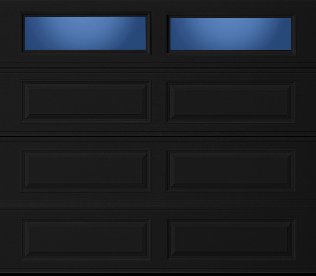 Amarr Olympus garage door, Long Panel design in Black with Clear LP windows